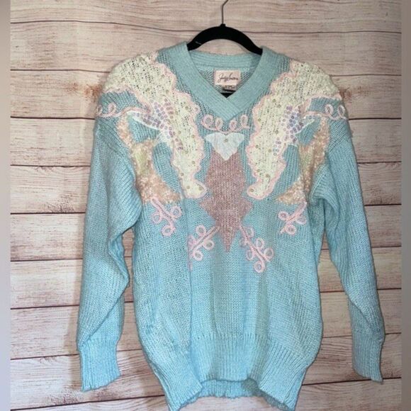 Jocelyn Smith VTG Pastel Goth Sequin Pearl Fairy Kei Cottagecore Sweater Medium‎ - Picture 5 of 12